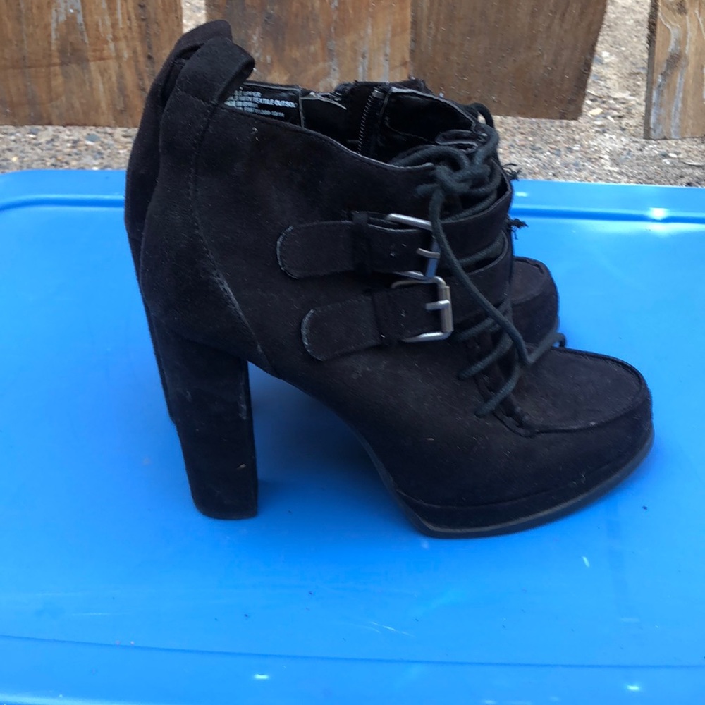 Lace up black heeled booties with buckles
